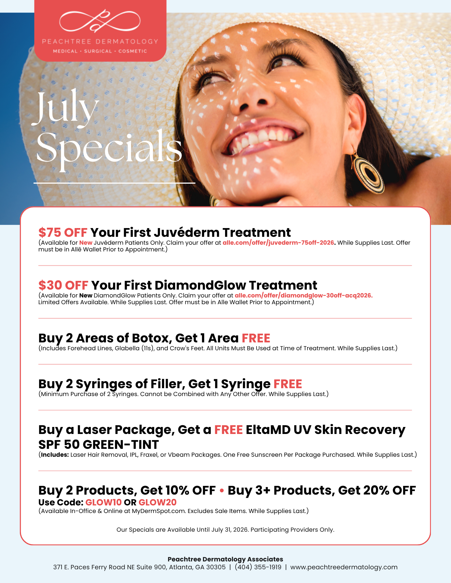 Peachtree Dermatology July Specials banner with logo, featuring a smiling woman in a sun hat.