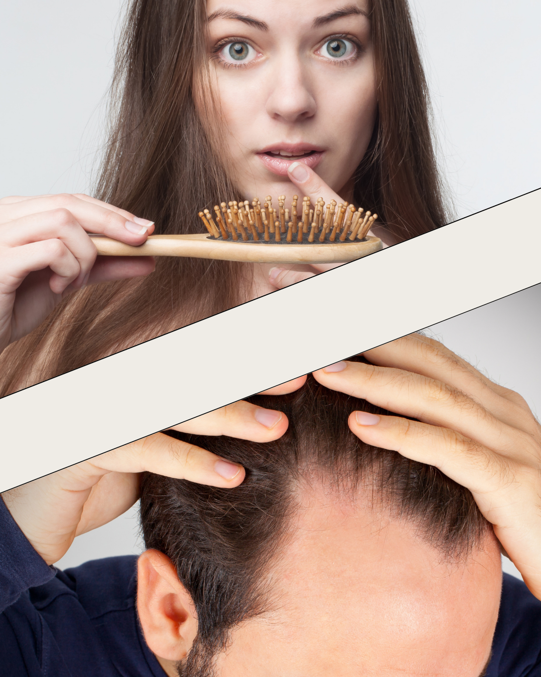 Woman brushing her hair with a wooden brush, while a man runs his hands through his hair, showing hair care.