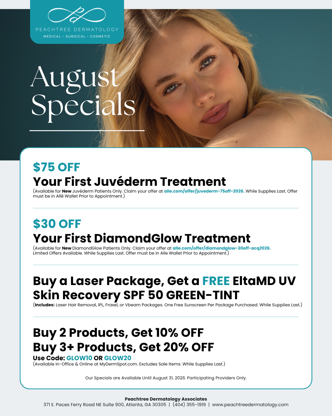 Promotional banner for Peachtree Dermatology: close-up of a woman with blond hair, teal background, logo top-left, and a white rounded-corner card listing August Specials.