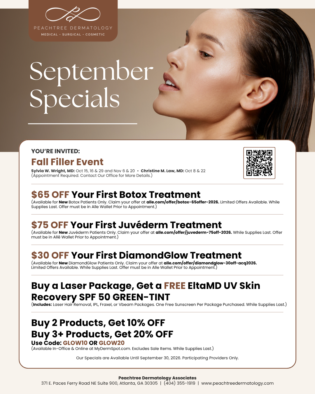 Promotional flyer for PeachTree Dermatology: 'September Specials' with a side-profile of a woman and a QR code on a rounded white card listing offers.