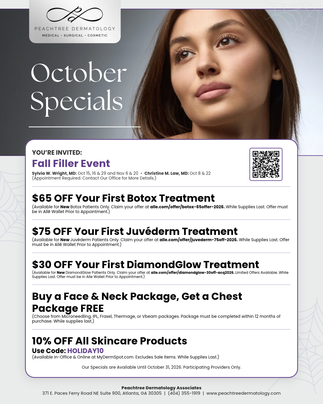 PeachTree Dermatology October Specials flyer featuring a woman's portrait and multiple skincare offers.
